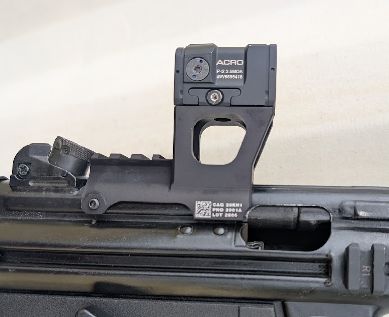 Hansel mount with an Aimpoint ACRO P-2 installed on an MP5 receiver