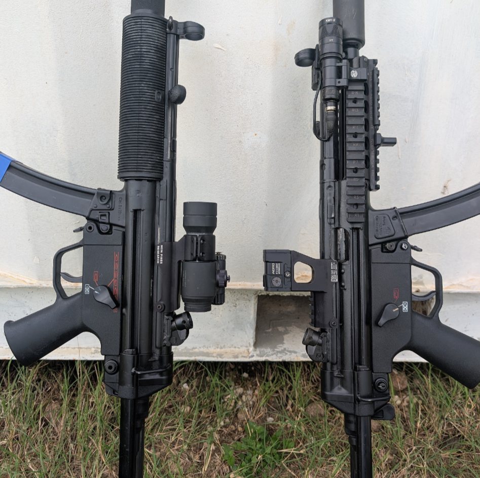 MP5 and MP5K pattern firearms side by side wearing Nein Pines optic mounts